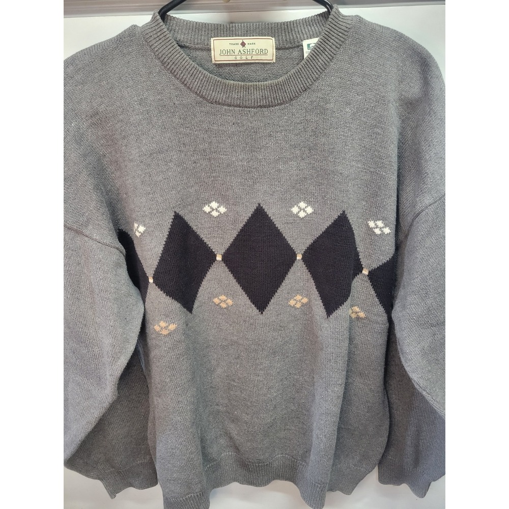 John Ashford Golf Mens Sweater L Gray‎ Argyle Long Sleeve Crew Neck Cotton